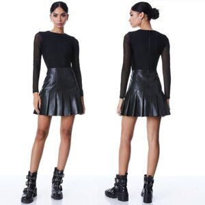 Alice + Olivia Chara Vegan Leather Mini Dress Black Pleated Skirt Mesh Sz 2